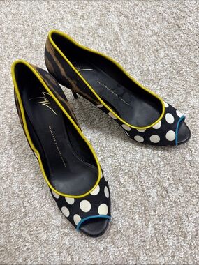 Giuseppe Zanotti Black Polka Dot Peep-Toe Pumps with Yellow Trim and Blue Accent